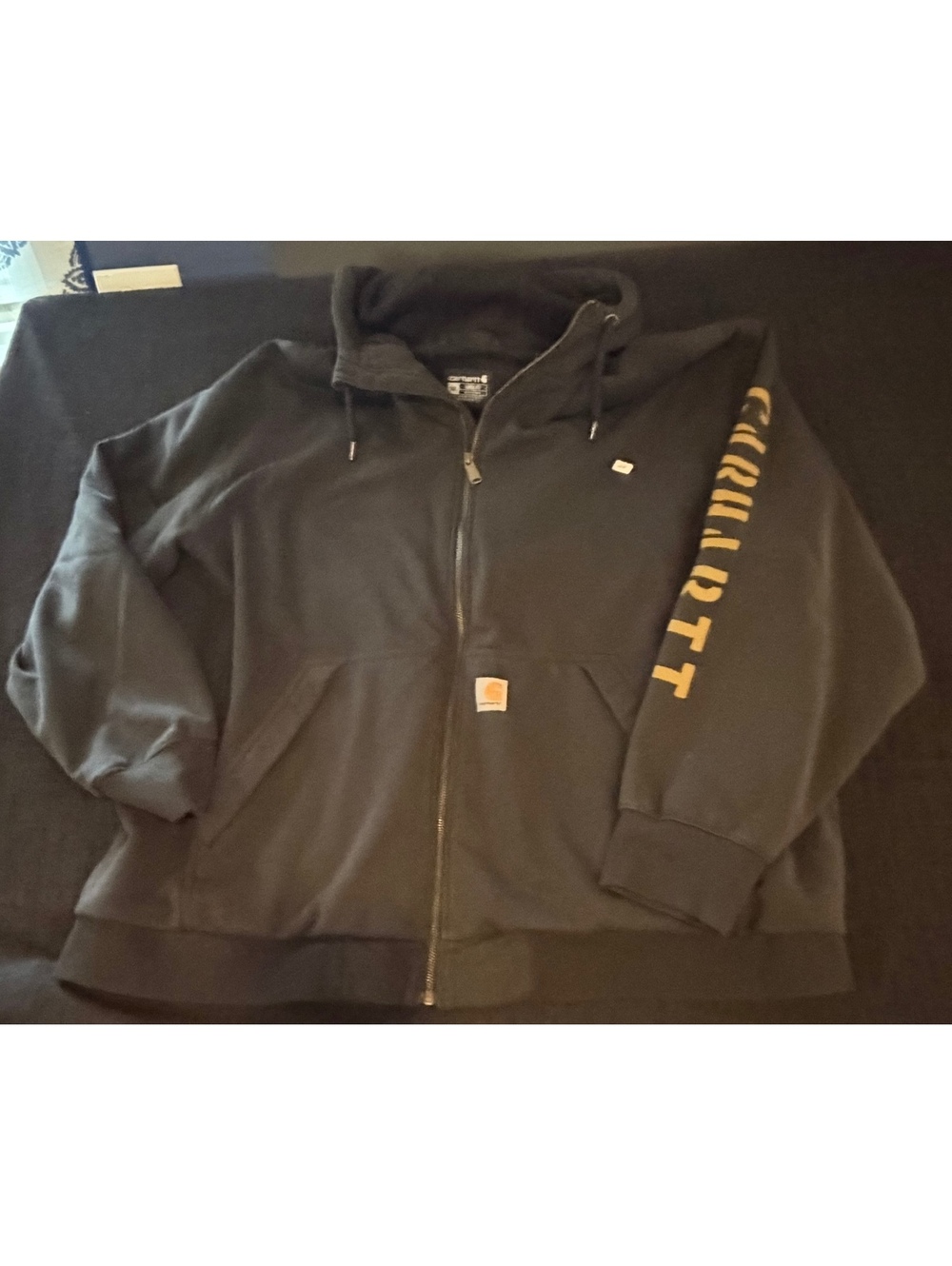 Carhartt Men's 3XL Loose Fit Black Full-Zip Hoodie with Yellow Sleeve Logo
